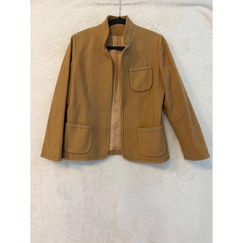 Dalton Vintage Wool Blazer Womens 10 Camel Tan Braided Trim Stand Collar Jacket